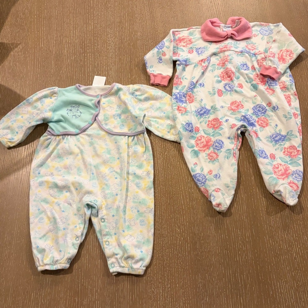 Vintage Cotton Club Baby Girls 6-9 Months Footed Sleeper Pajamas Lot of 2 Floral